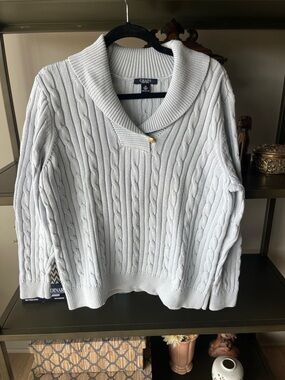 Chaps Light Blue Cable-Knit Shawl-Collar Sweater with Button